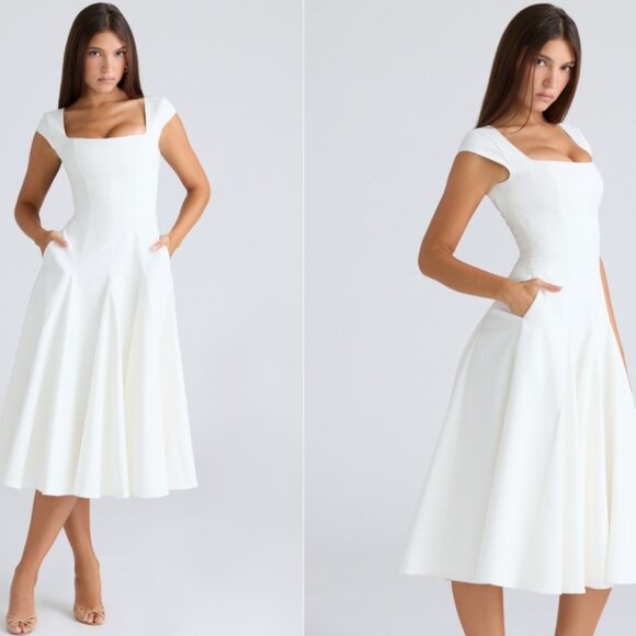 House of CB Dresses & Skirts - HOUSE OF CB 'Raisa' White Square Neck Twill Midi Dress NWOT